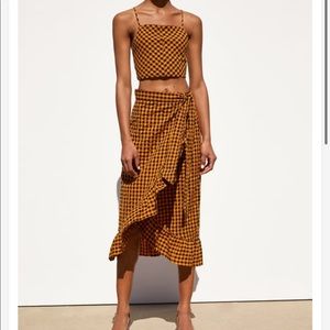 NWT Zara Mustard and Black Gingham Self Tie Cropped Top